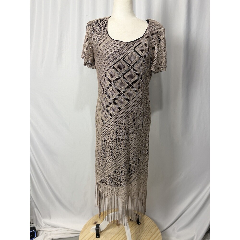 Vintage Helene Blake Crochet Lace Dress Sz 10 Gold Lurex Fringe Whimsigoth Boho
